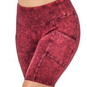 WOMENS PREMIUM PLUS 1X-3X MINERAL WASH WIDE WAISTBAND SHORTS W/POCKETS CABERNET